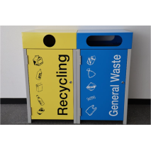 Athens Bin Enclosure - Powder Coated Base with Cube Top (Yellow top and door with signage + Blue top and door with signage)