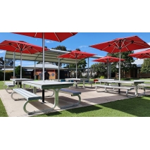 Aluminium Junior Outdoor Learning Setting - Laminate Top with red square umbrella