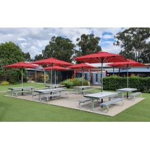 Aluminium Junior Outdoor Learning Setting - Laminate Top with red square umbrella