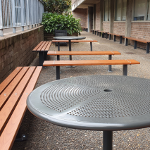 Woodville Bench - Bolt Down - Western Red Cedar with Orbit Table (Monument)