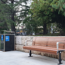 Athens Bin Enclosure - Custom SS Laser Cut Base & SS Sloping Cover + Custom Madrid Seat - Base Plate Leg - Wood Grain Aluminium (Western Red Cedar)