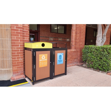 Athens Bin Enclosure - Enviroslat Walnut Base & SS Curved Cover - Waste Streams (Black) - Yellow Chute