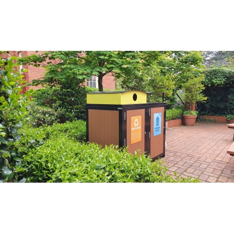 Athens Bin Enclosure - Enviroslat Walnut Base & SS Curved Cover - Waste Streams (Black) - Yellow Chute