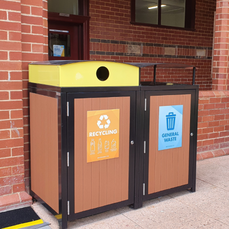 Athens Bin Enclosures - Curved Cover (Recycling and General Waste Signs)